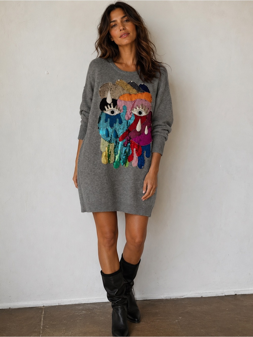 Gray Sequin Face Sweater Mini Dress - Women